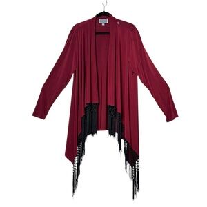 Whimsigoth Burgundy Crochet Fringe Long Cardigan Draped Shawl Witchy Boho
